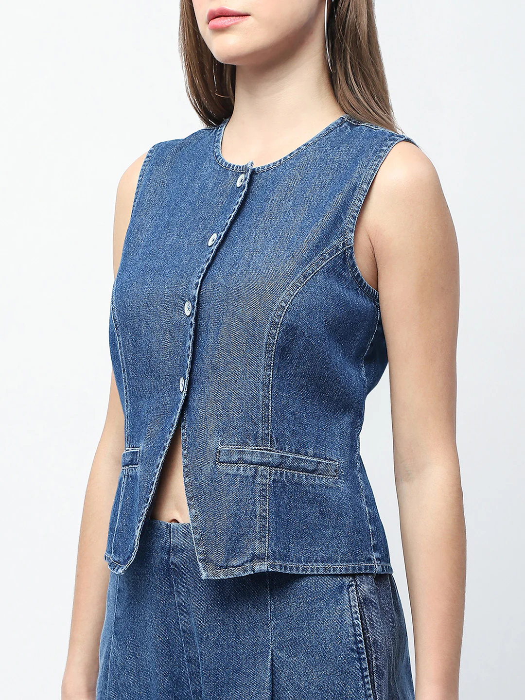 Madame Pintuck Detailed Top and Straight Trousers Mid Blue Co-ord Set - Image 9