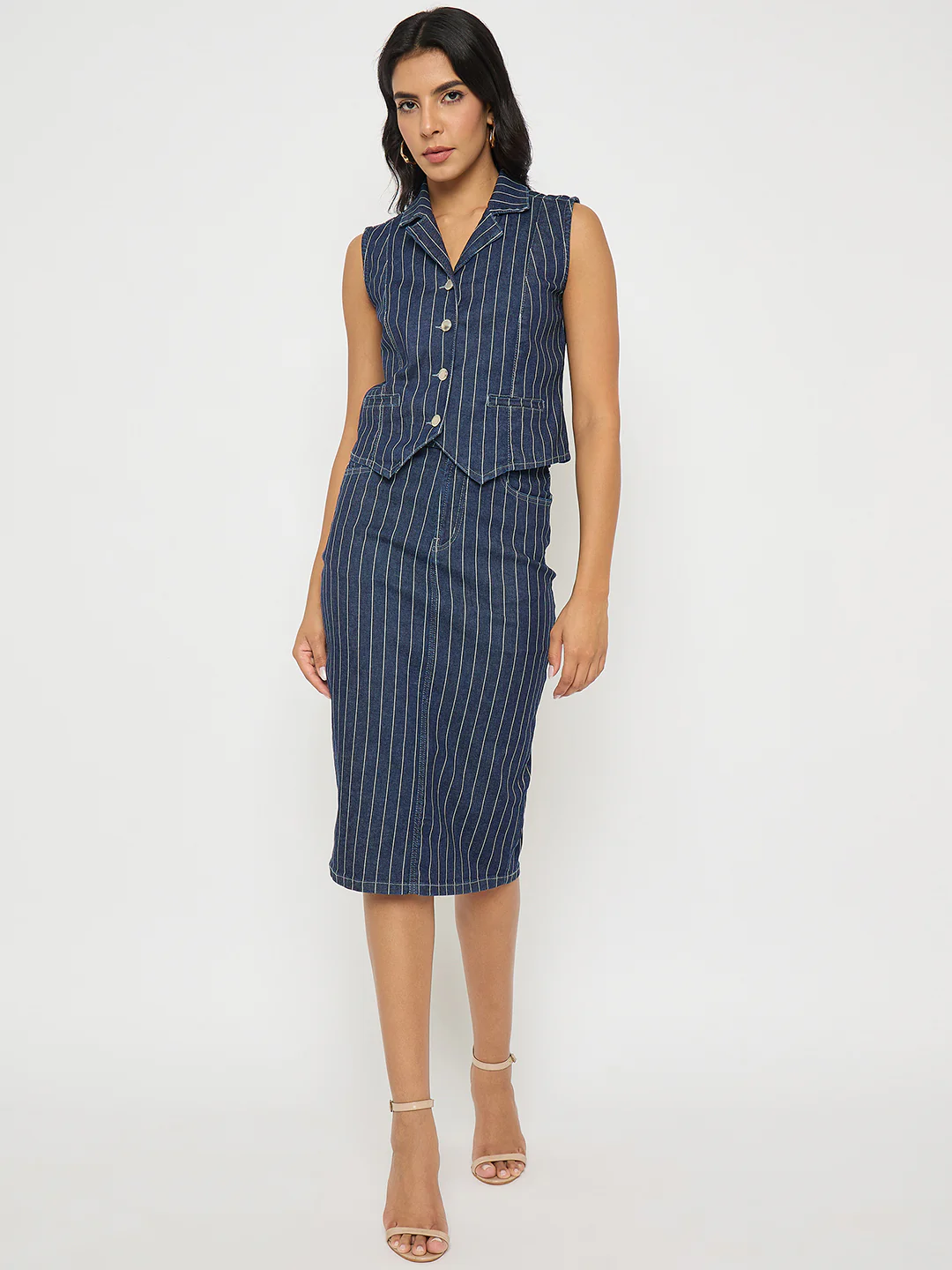 Madame Striped Top and Skirt Mid-Blue Co-ord Set - Image 3
