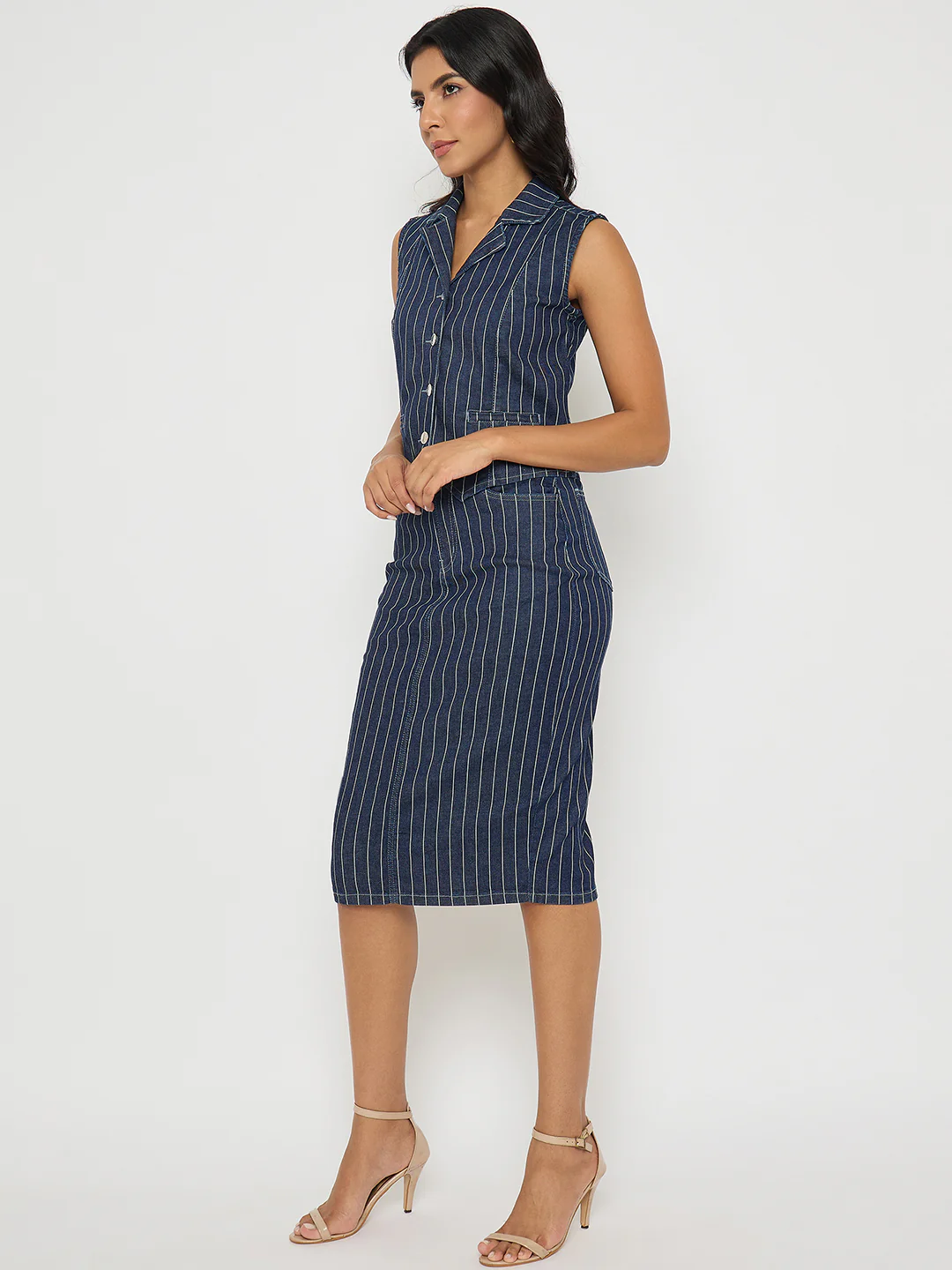 Madame Striped Top and Skirt Mid-Blue Co-ord Set - Image 5