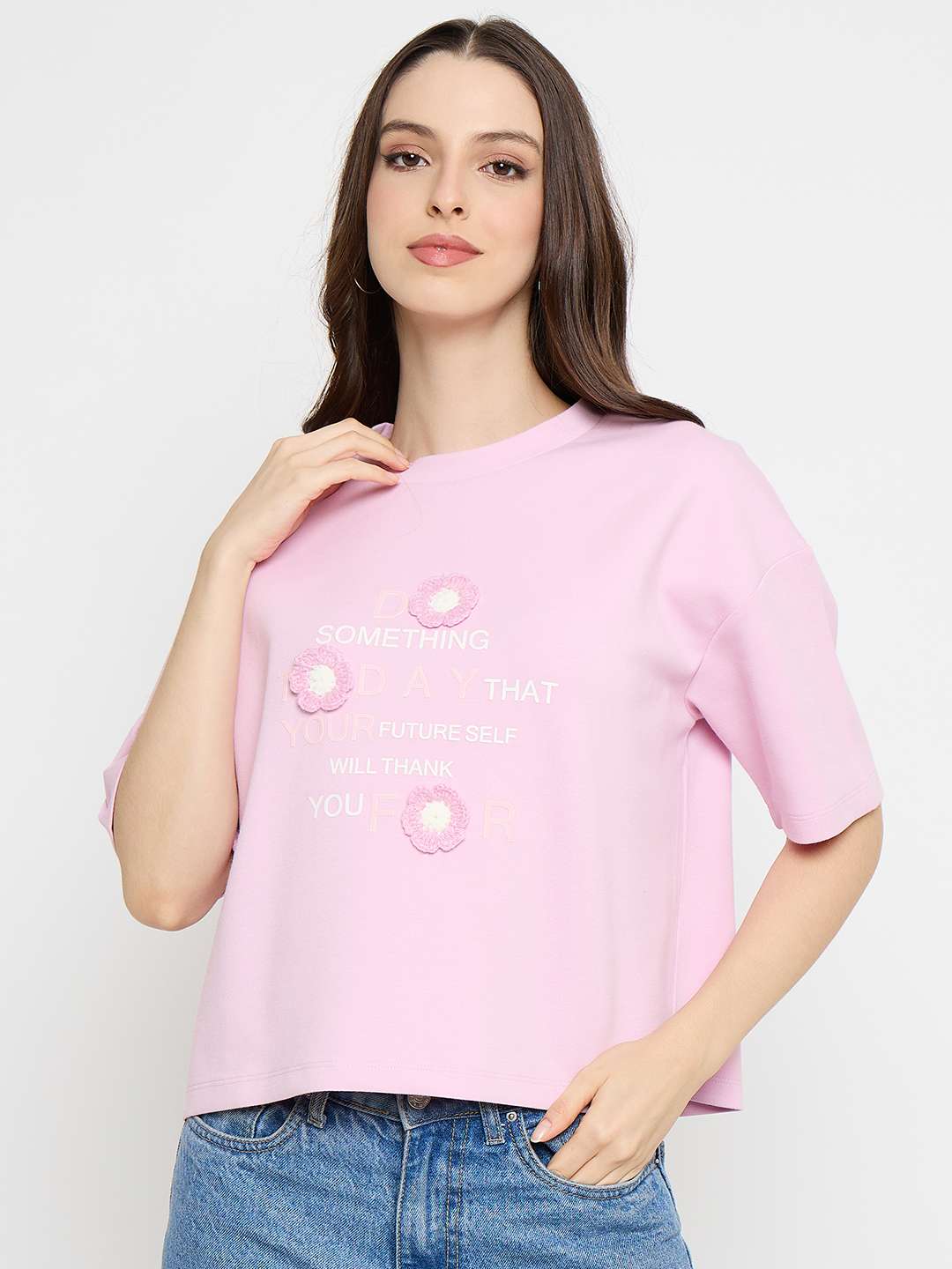 Madame Typography Print Accented Pink T-Shirt