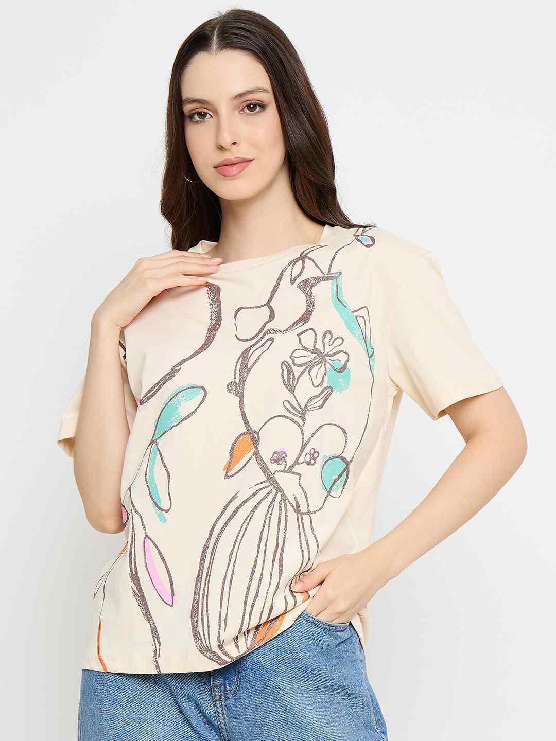 Madame Abstract Print Cotton Beige Half T-shirt - Image 2