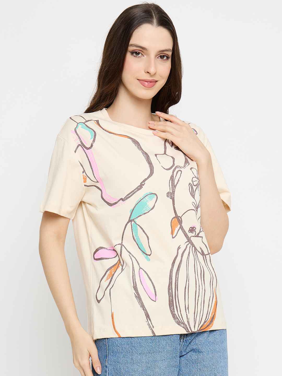 Madame Abstract Print Cotton Beige Half T-shirt - Image 4