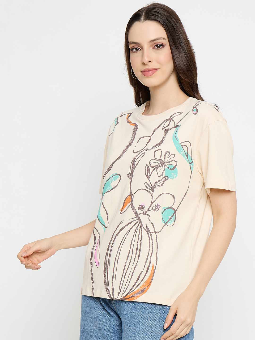 Madame Abstract Print Cotton Beige Half T-shirt - Image 5