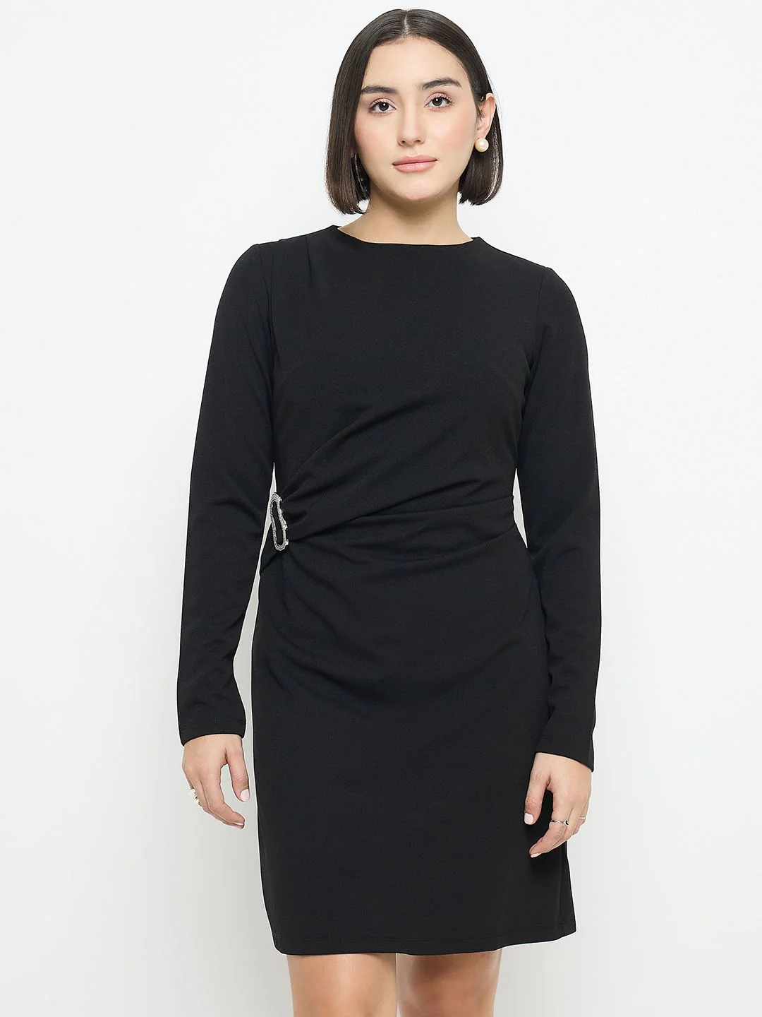 Madame Side Buckle Detail Black Mini Dress - Image 3