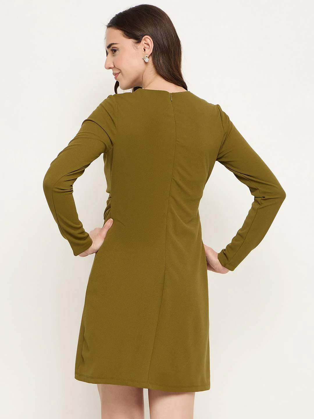 Madame Side Buckle Detail Olive Green Mini Dress - Image 6