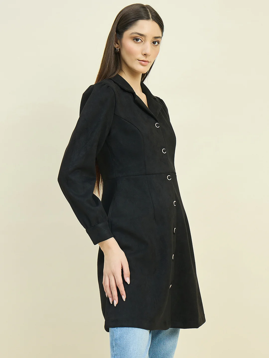 Madame Suede Blazer Dress with Embellished Button Details - Image 4