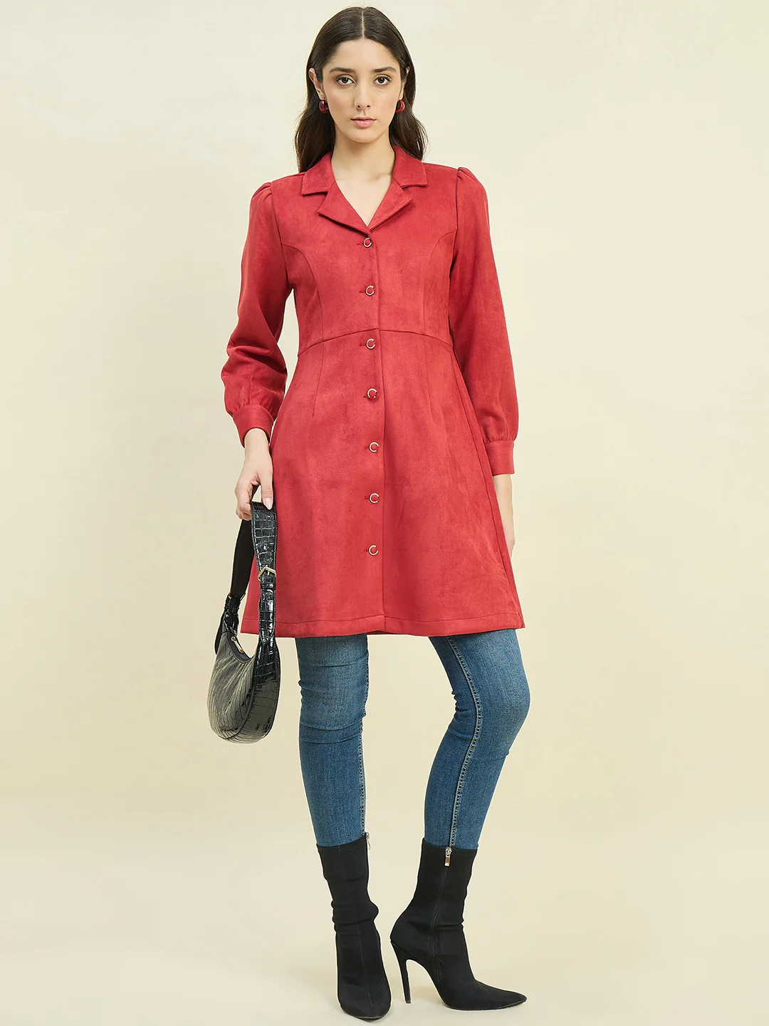 Madame Suede Blazer Dress with Embellished Button Details
