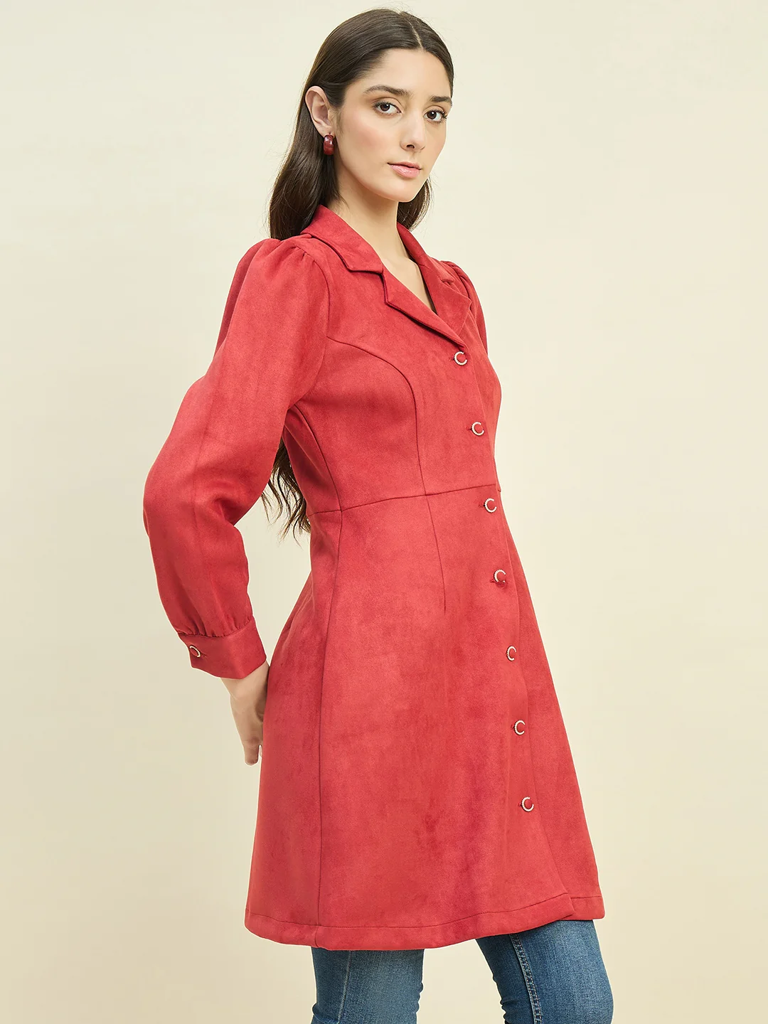 Madame Suede Blazer Dress with Embellished Button Details - Image 4