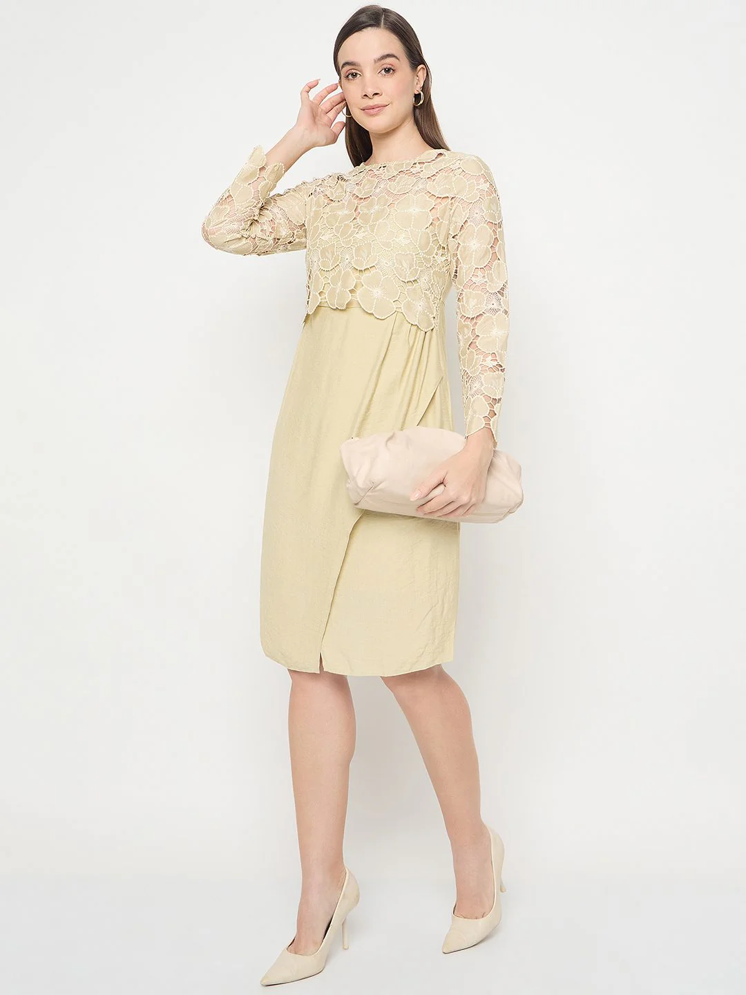 Madame Lace Overlay Wrap Lemon Yellow Dress - Image 2
