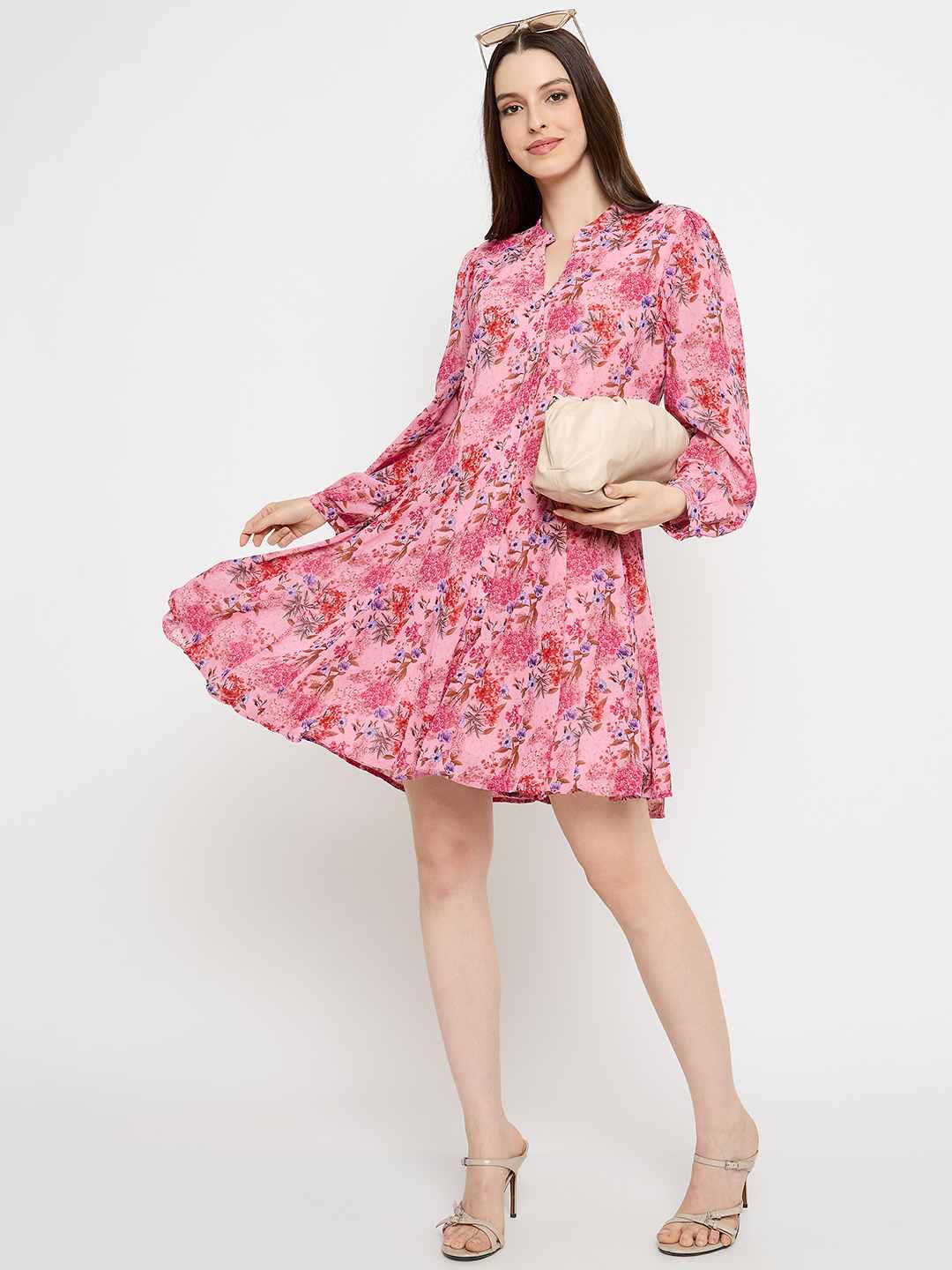 Madame Pleated Floral Pink Mini Shirt Dress - Image 2