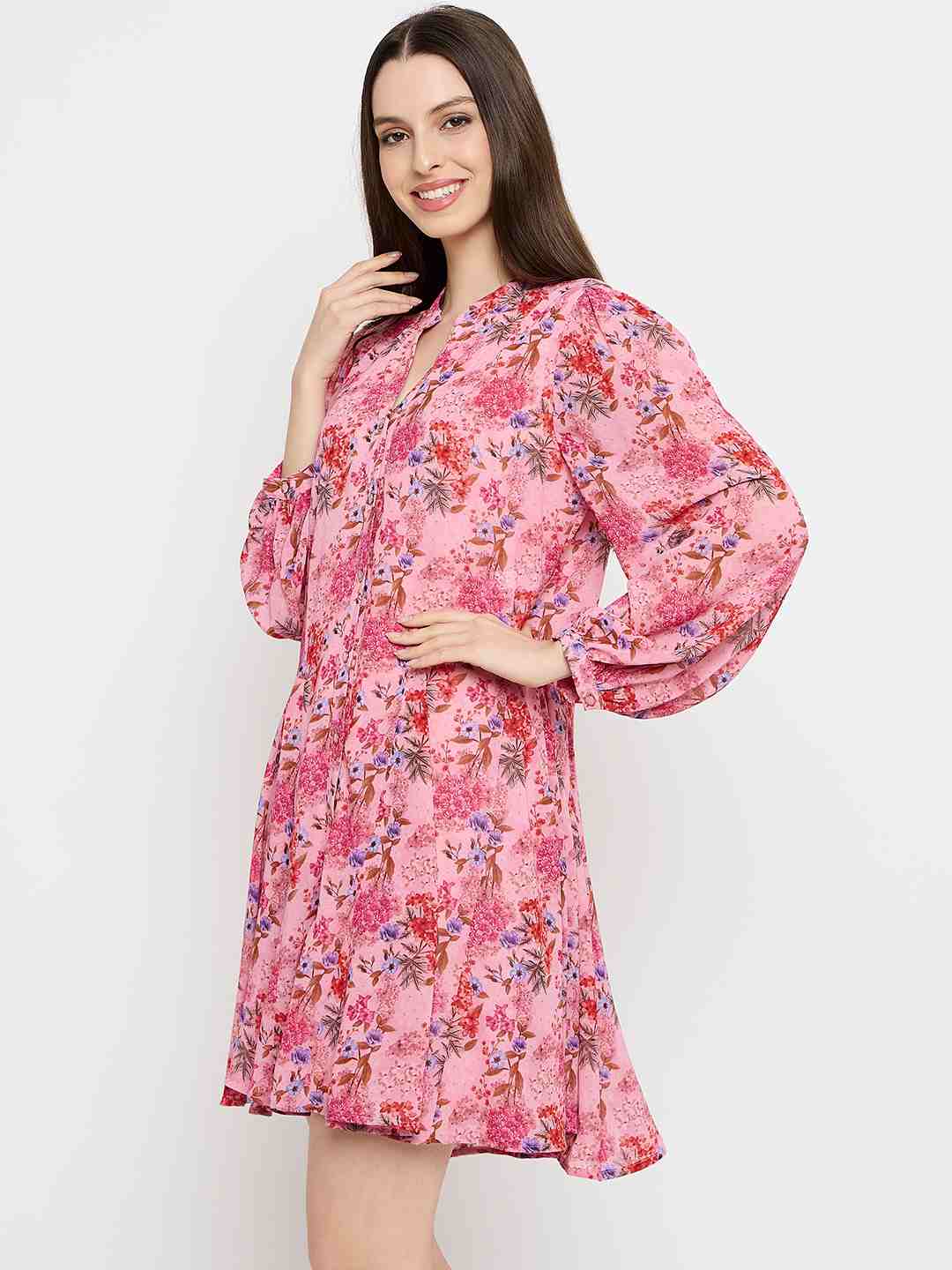 Madame Pleated Floral Pink Mini Shirt Dress - Image 5