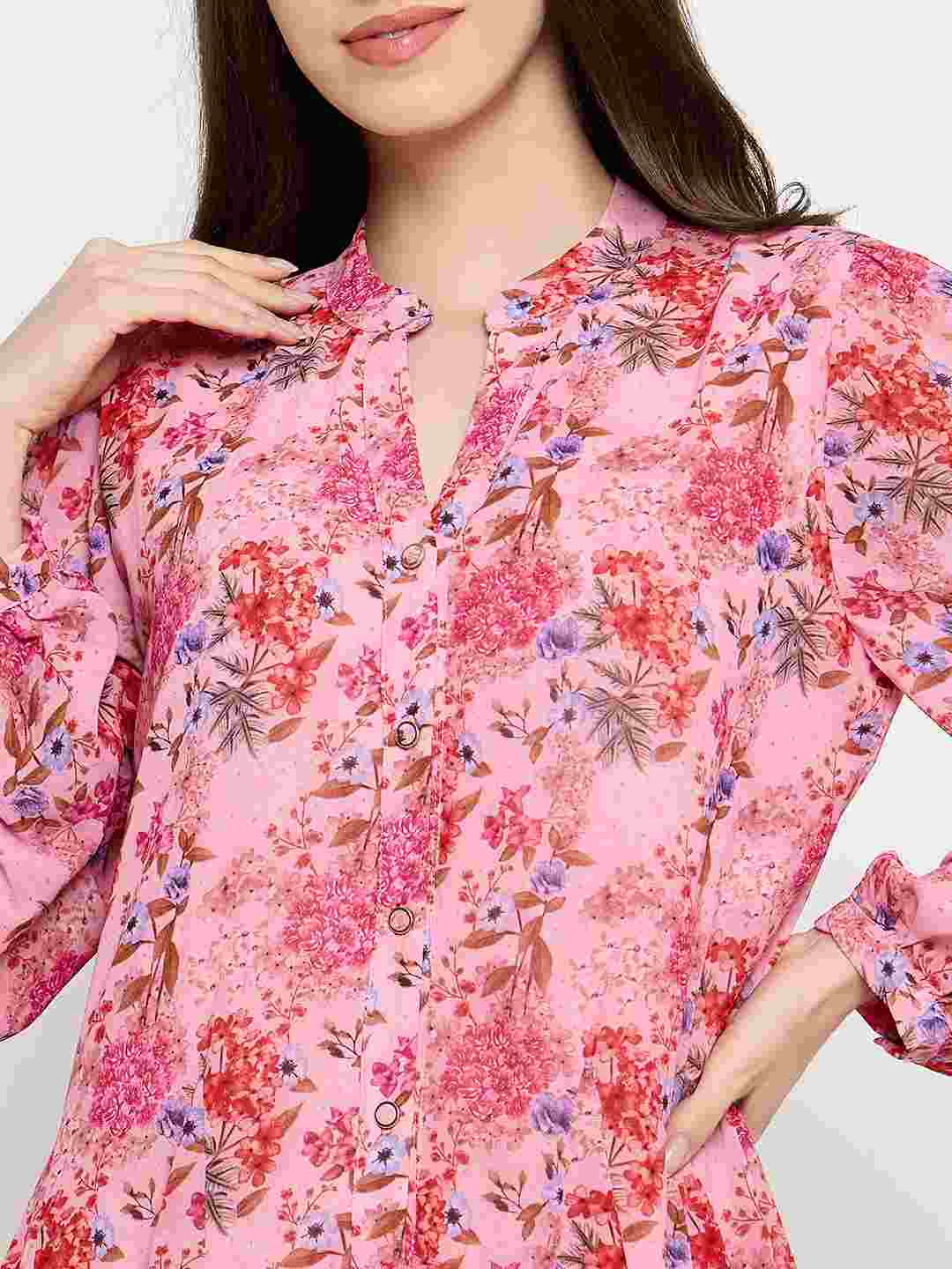 Madame Pleated Floral Pink Mini Shirt Dress - Image 7