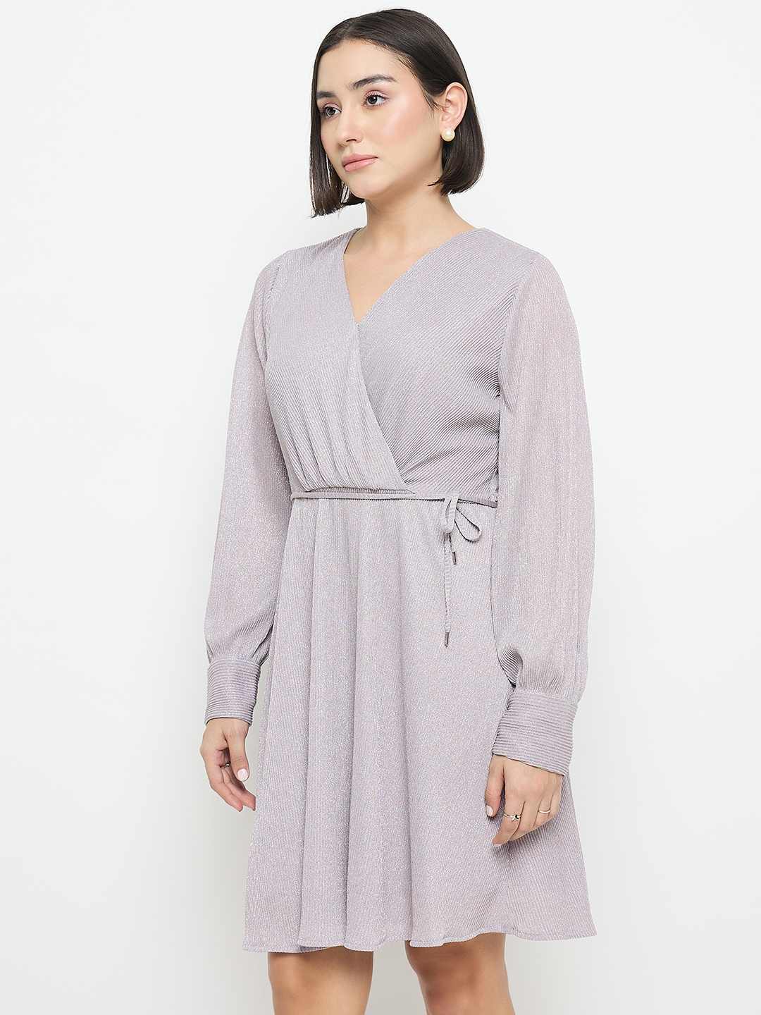 Madame Surplice Neck Lilac Mini Dress - Image 5