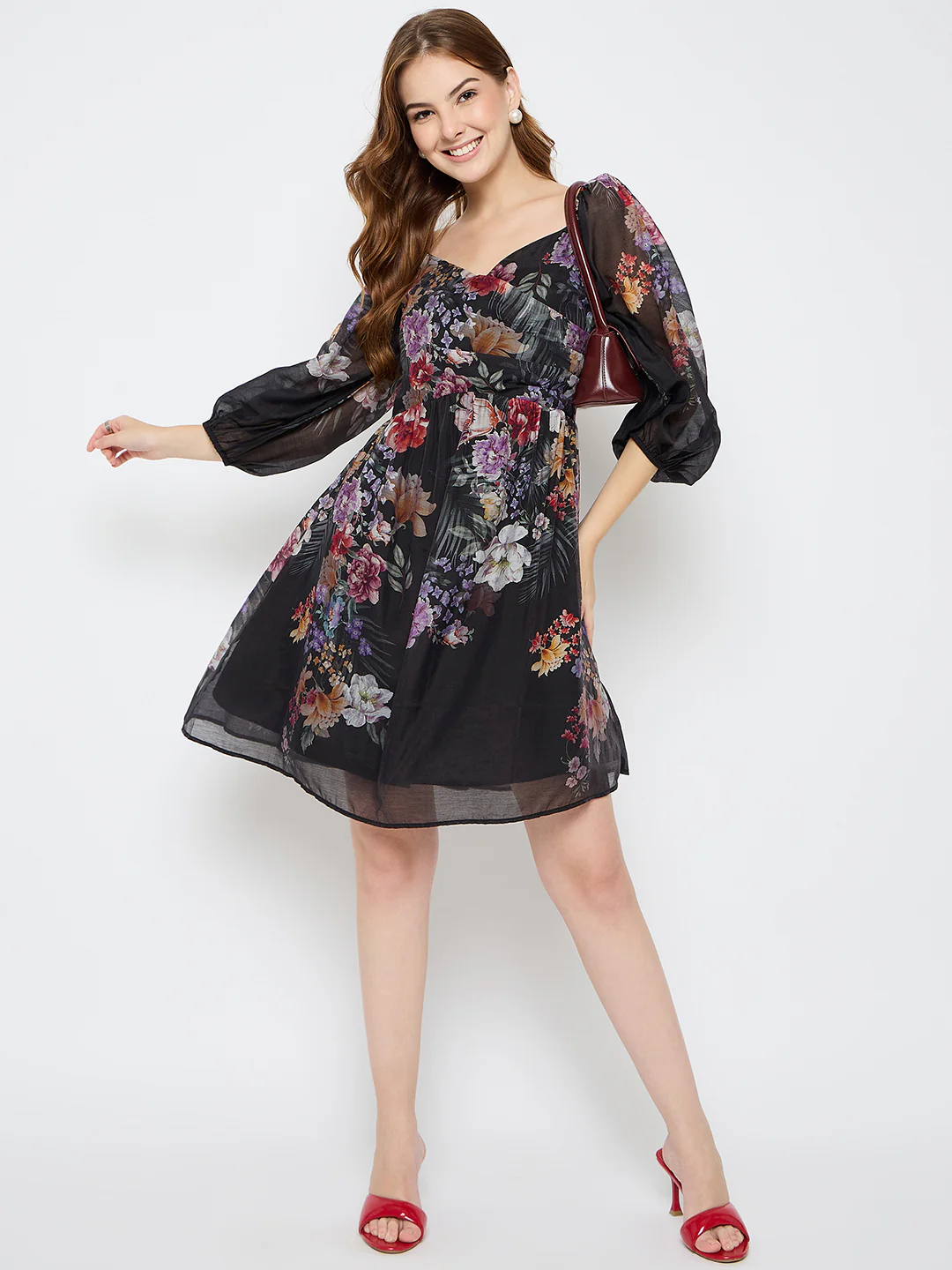 Madame Floral Print Tencel Blend Black Midi Dress