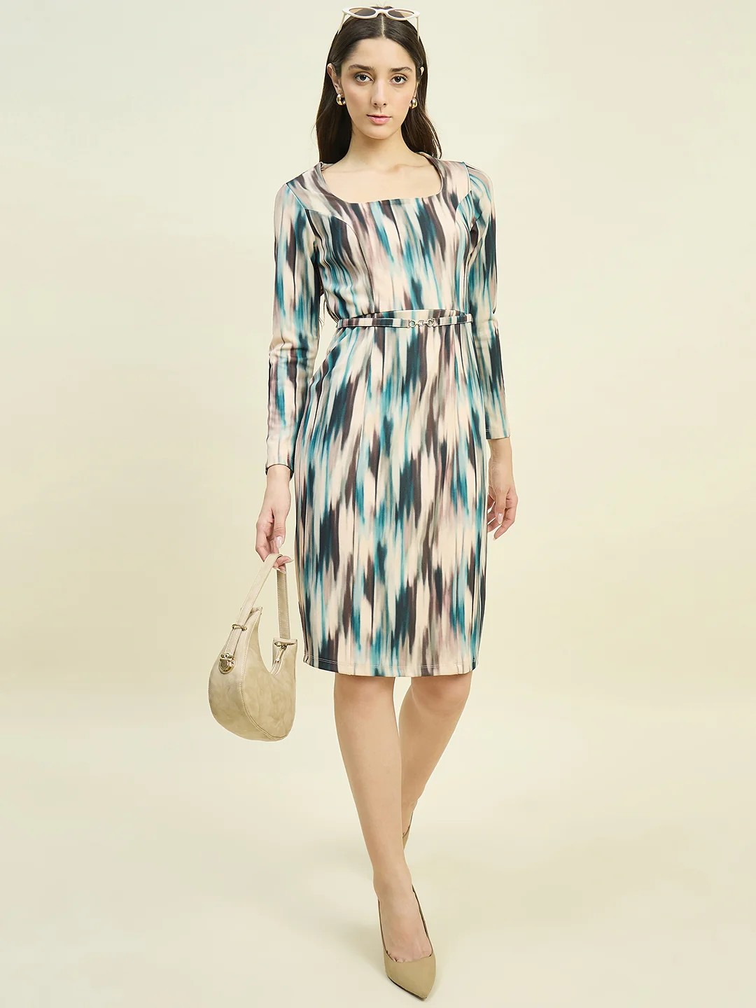 Madame Abstract Print Beige Dress - Image 3