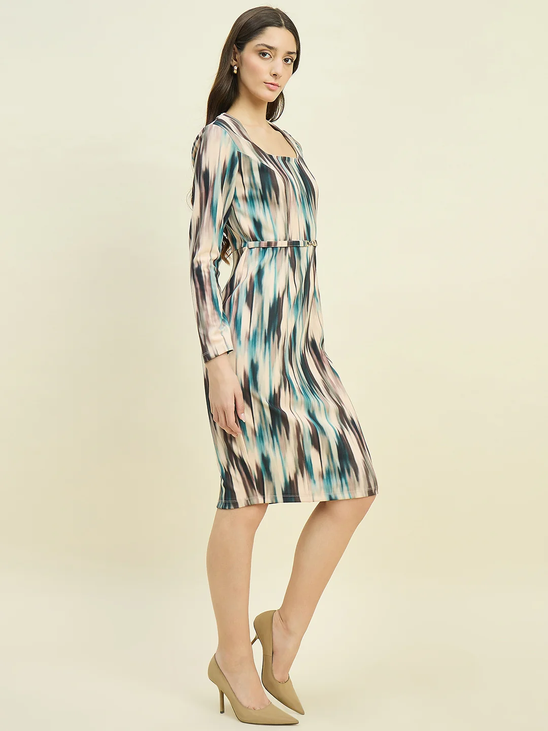 Madame Abstract Print Beige Dress - Image 4