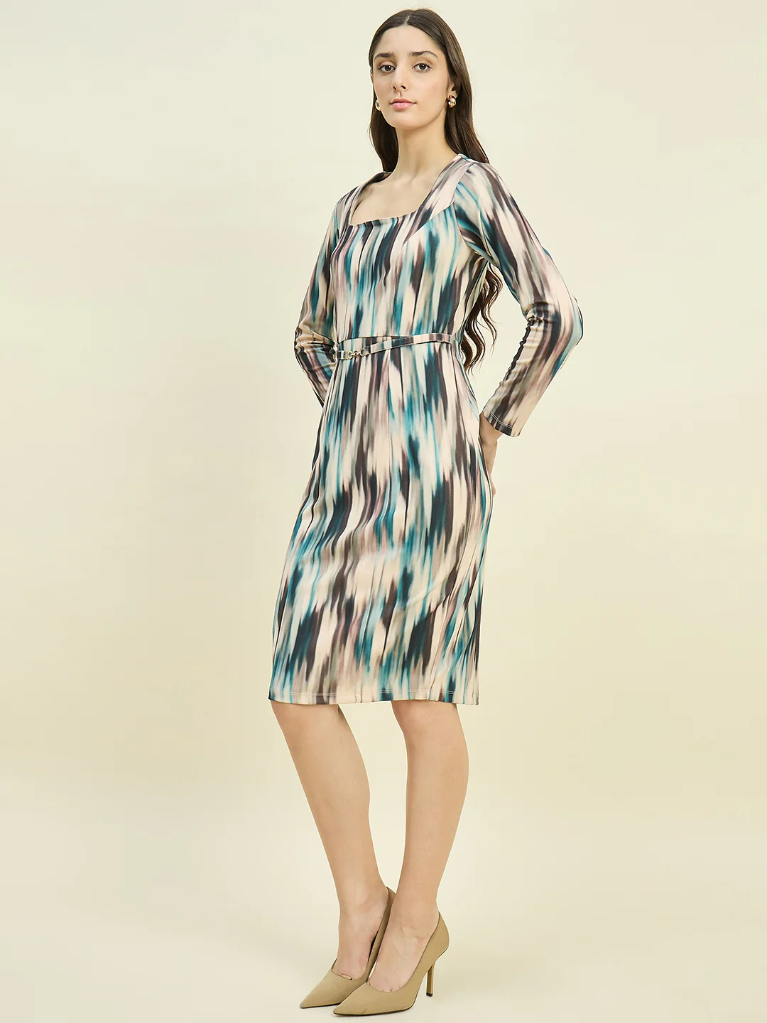 Madame Abstract Print Beige Dress - Image 5