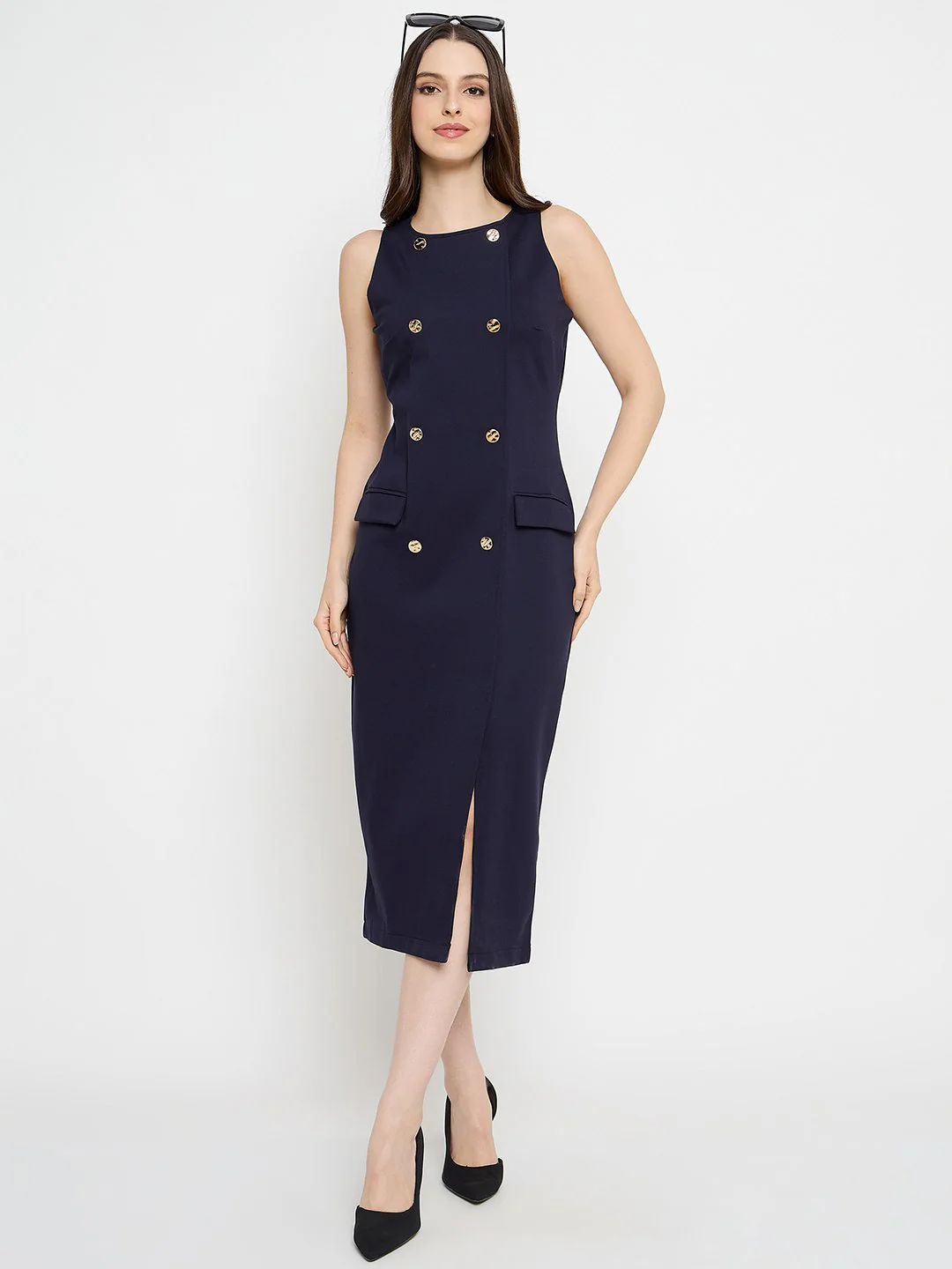 Madame Double Breasted Navy Blue Midi Dress - Image 3