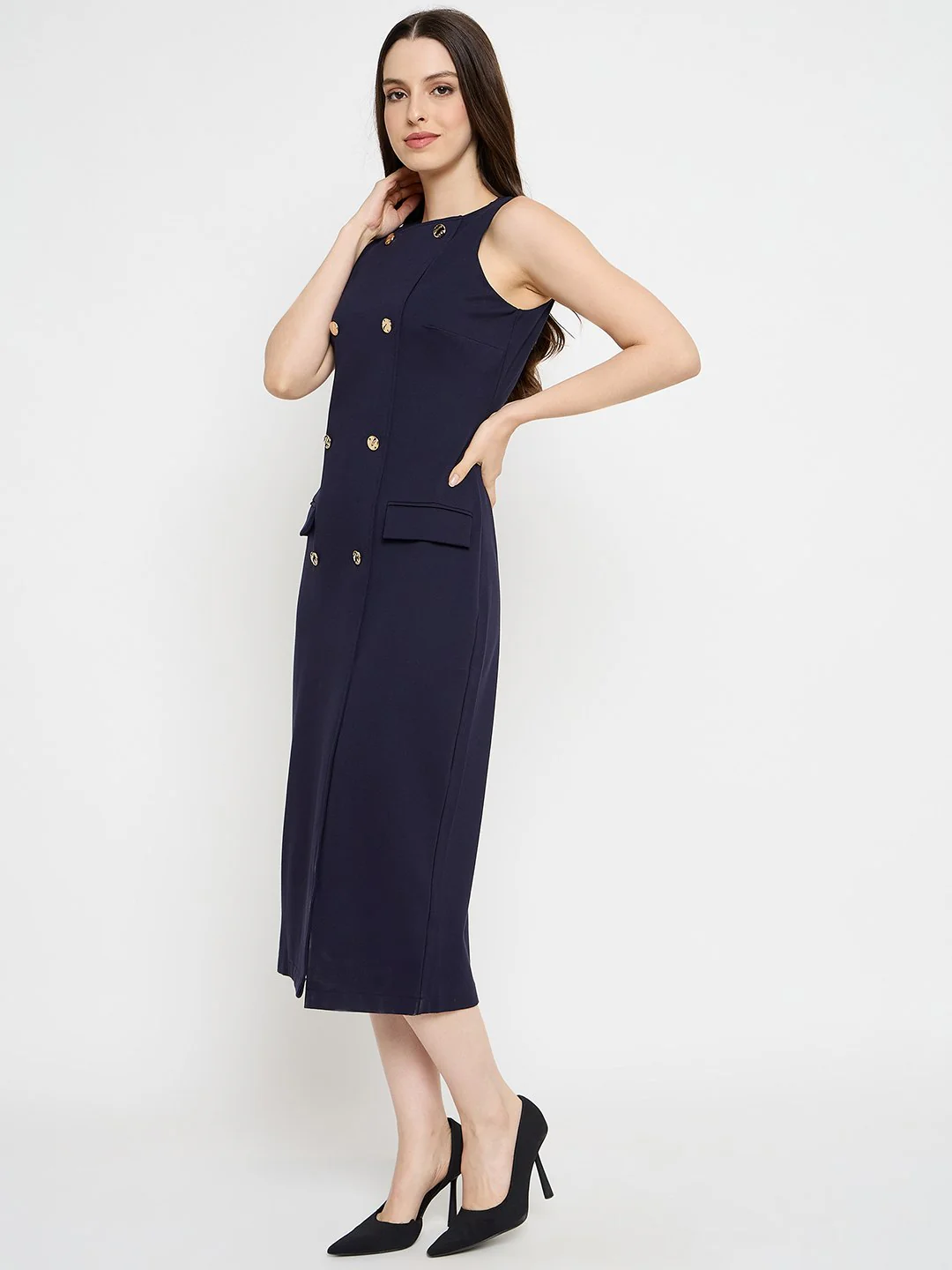 Madame Double Breasted Navy Blue Midi Dress - Image 5