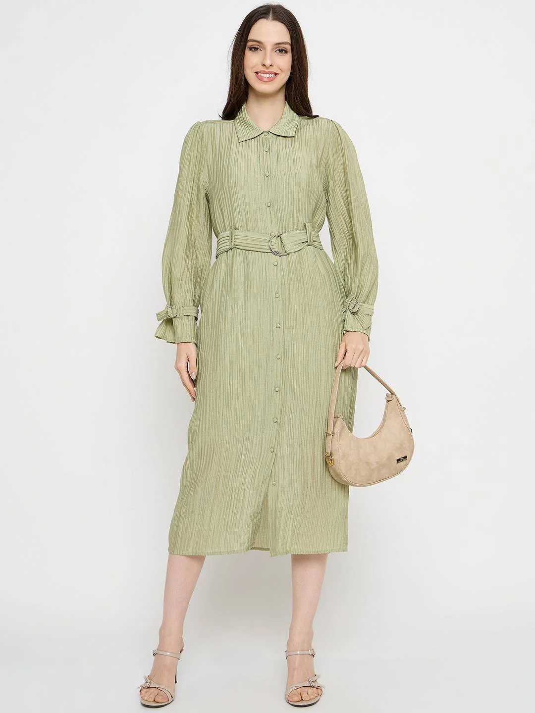 Madame Crushed Tissue Belted Moss Green Shirt Dress - Image 2