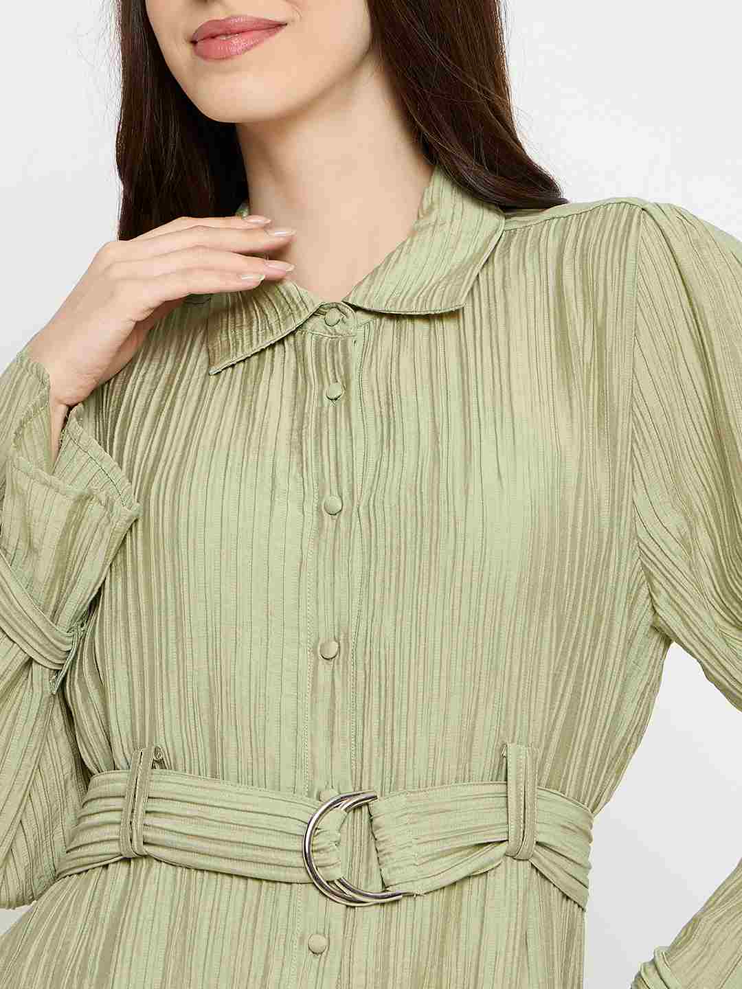 Madame Crushed Tissue Belted Moss Green Shirt Dress - Image 7