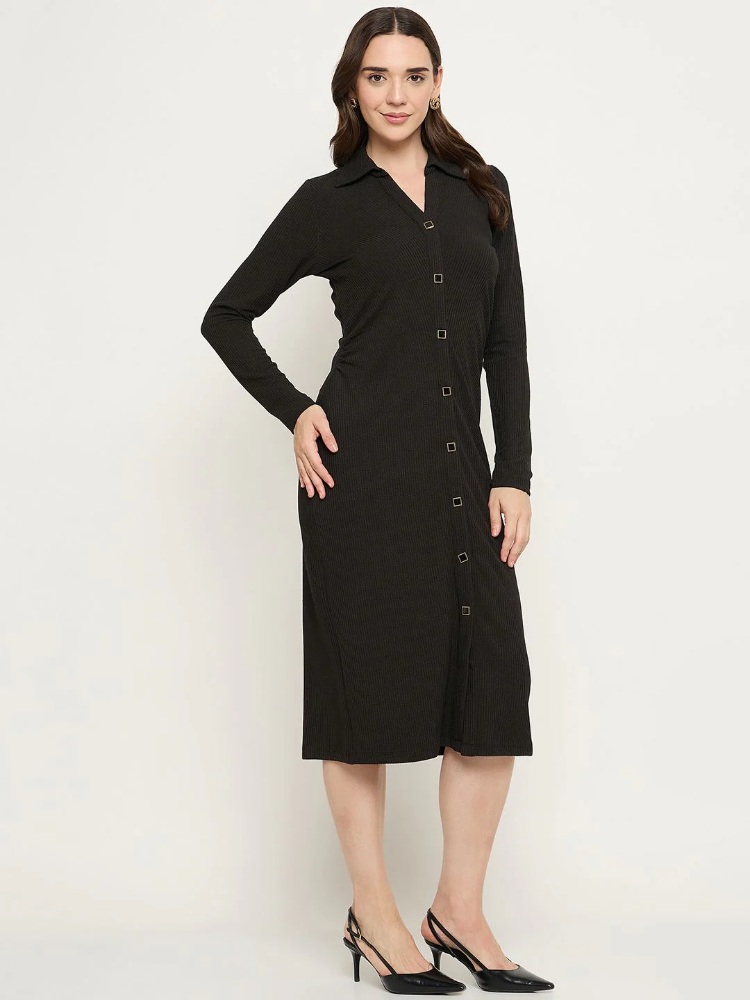 Madame Button Down Black Bodycon Midi Dress - Image 4