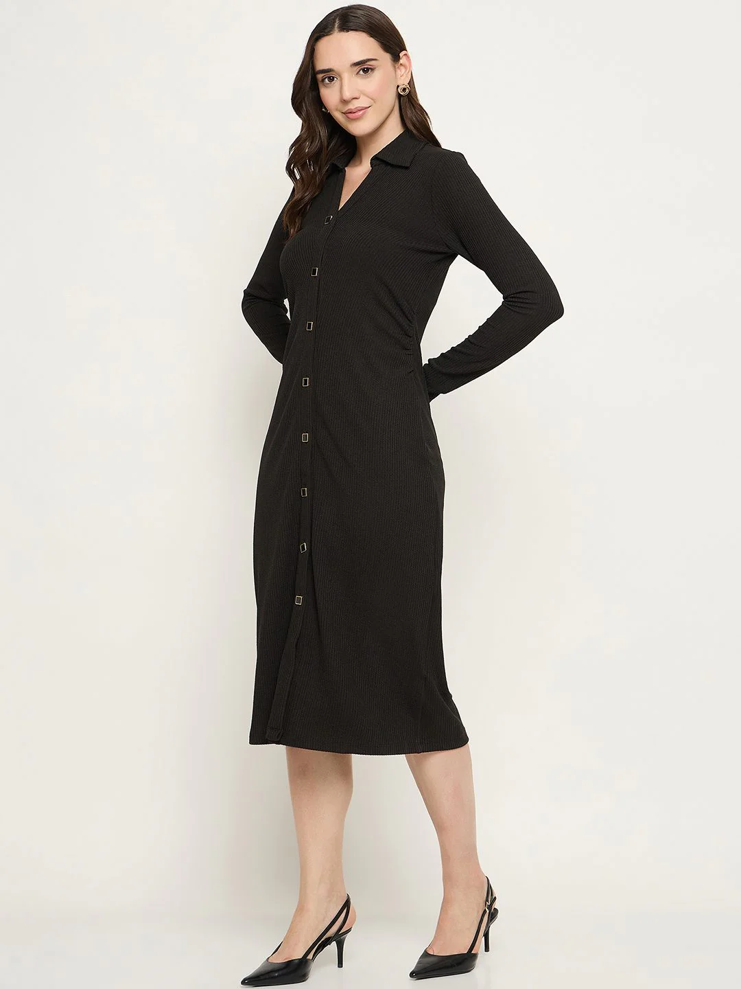 Madame Button Down Black Bodycon Midi Dress - Image 5