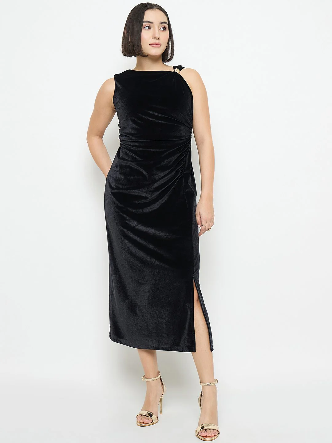 Madame Side Ruched Midi Black Sheath Dress - Image 2