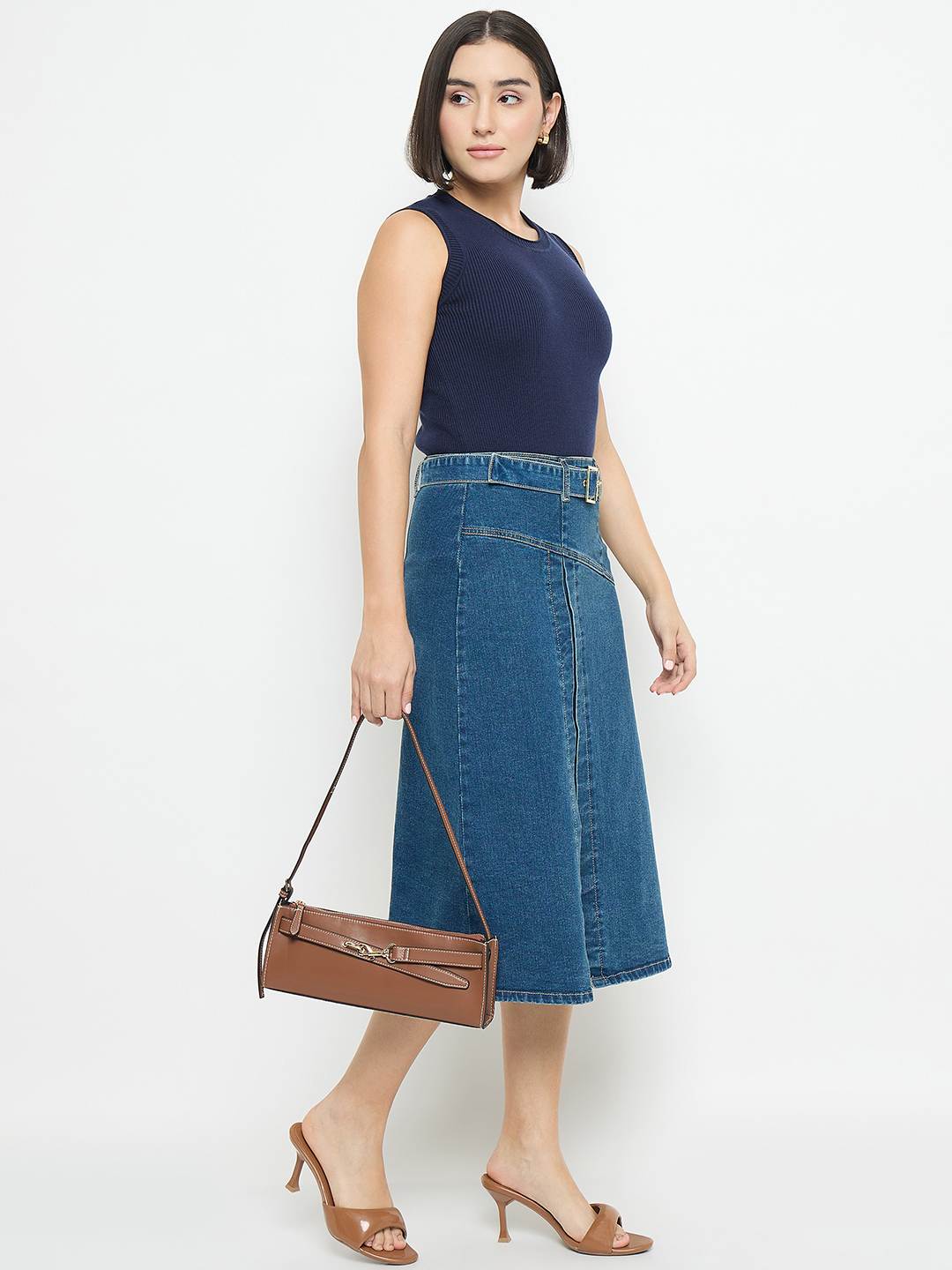 Madame Sleeveless Belted Denim Dress - Image 2