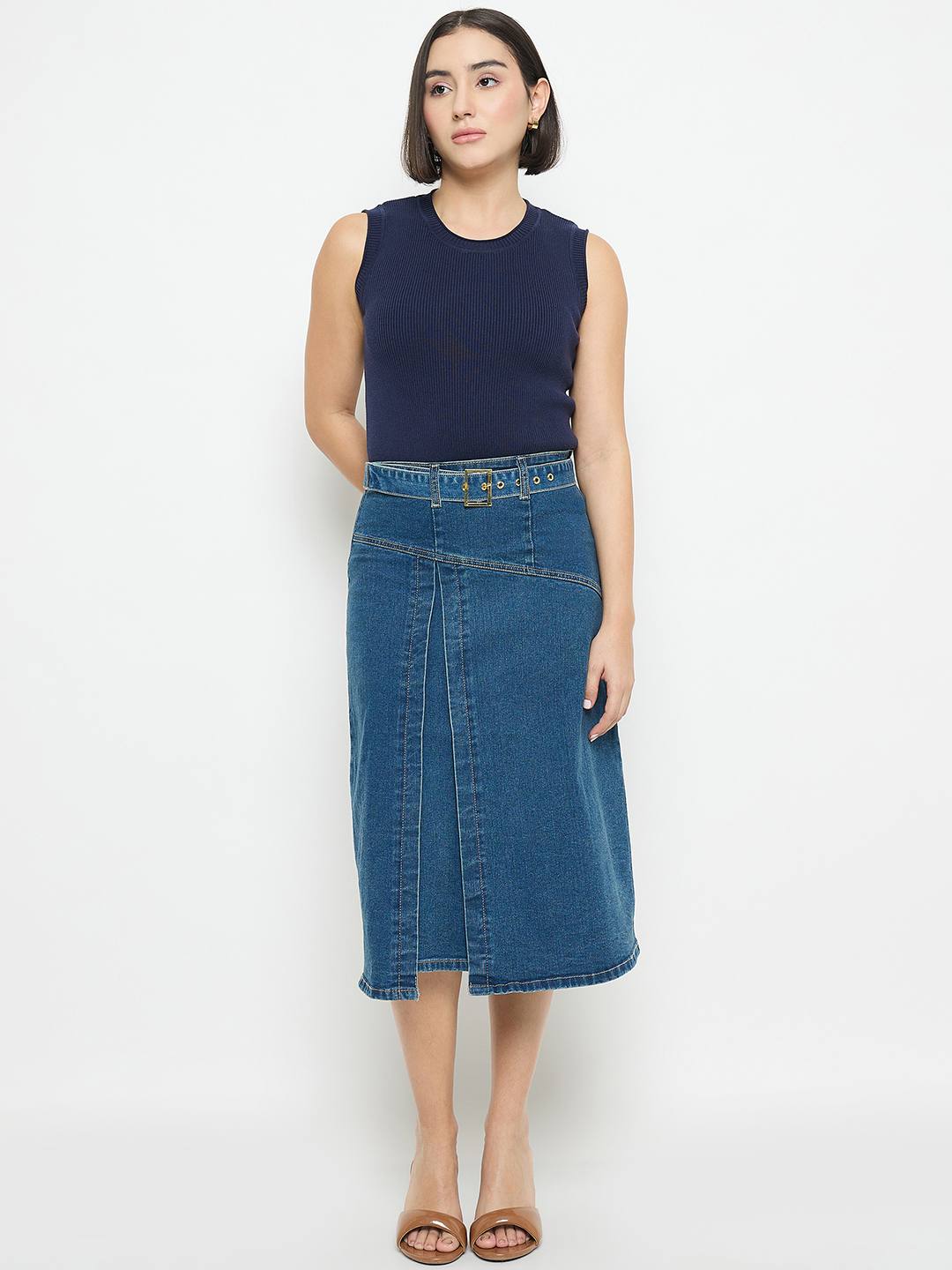 Madame Sleeveless Belted Denim Dress - Image 3
