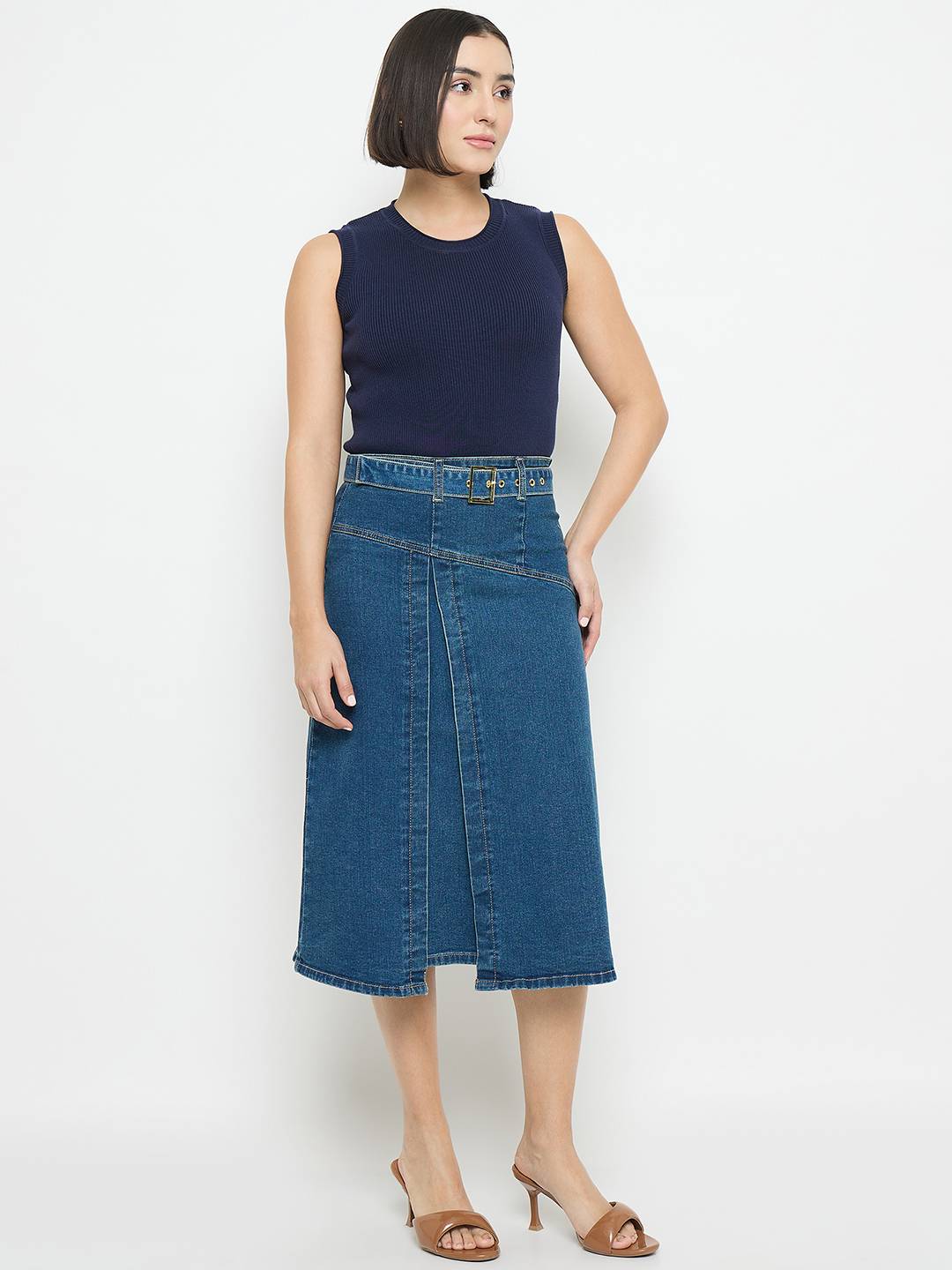 Madame Sleeveless Belted Denim Dress - Image 4