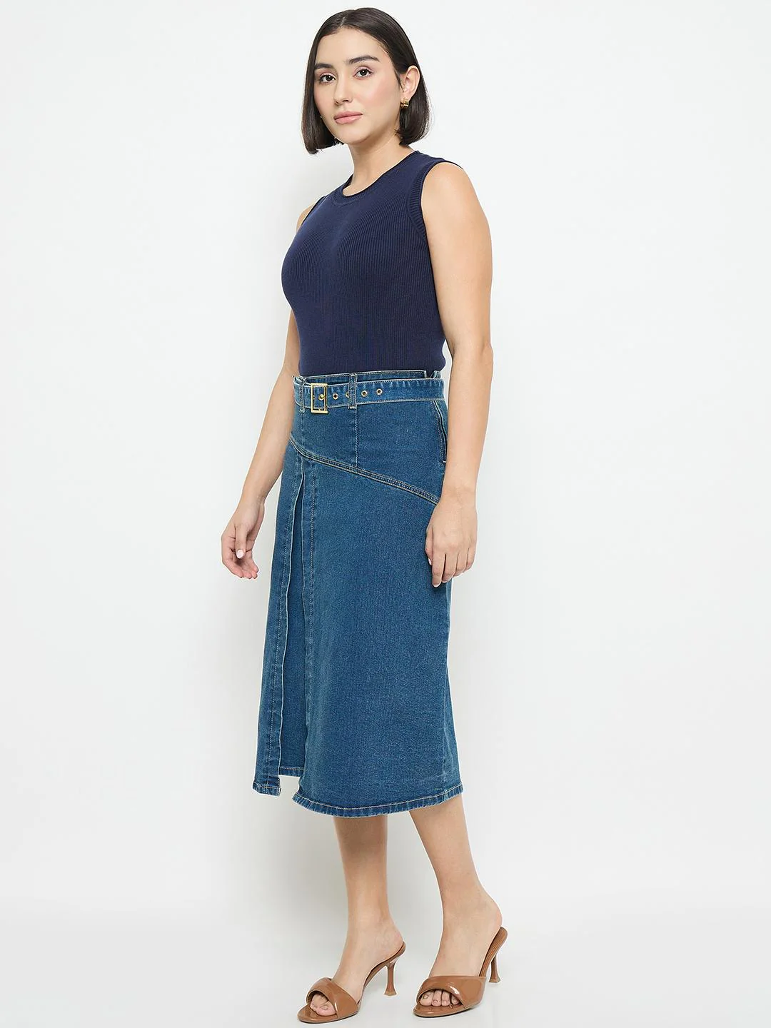 Madame Sleeveless Belted Denim Dress - Image 5