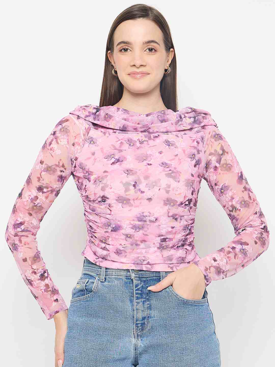 Madame Floral Print Off Shoulder Pink Mesh Top - Image 3