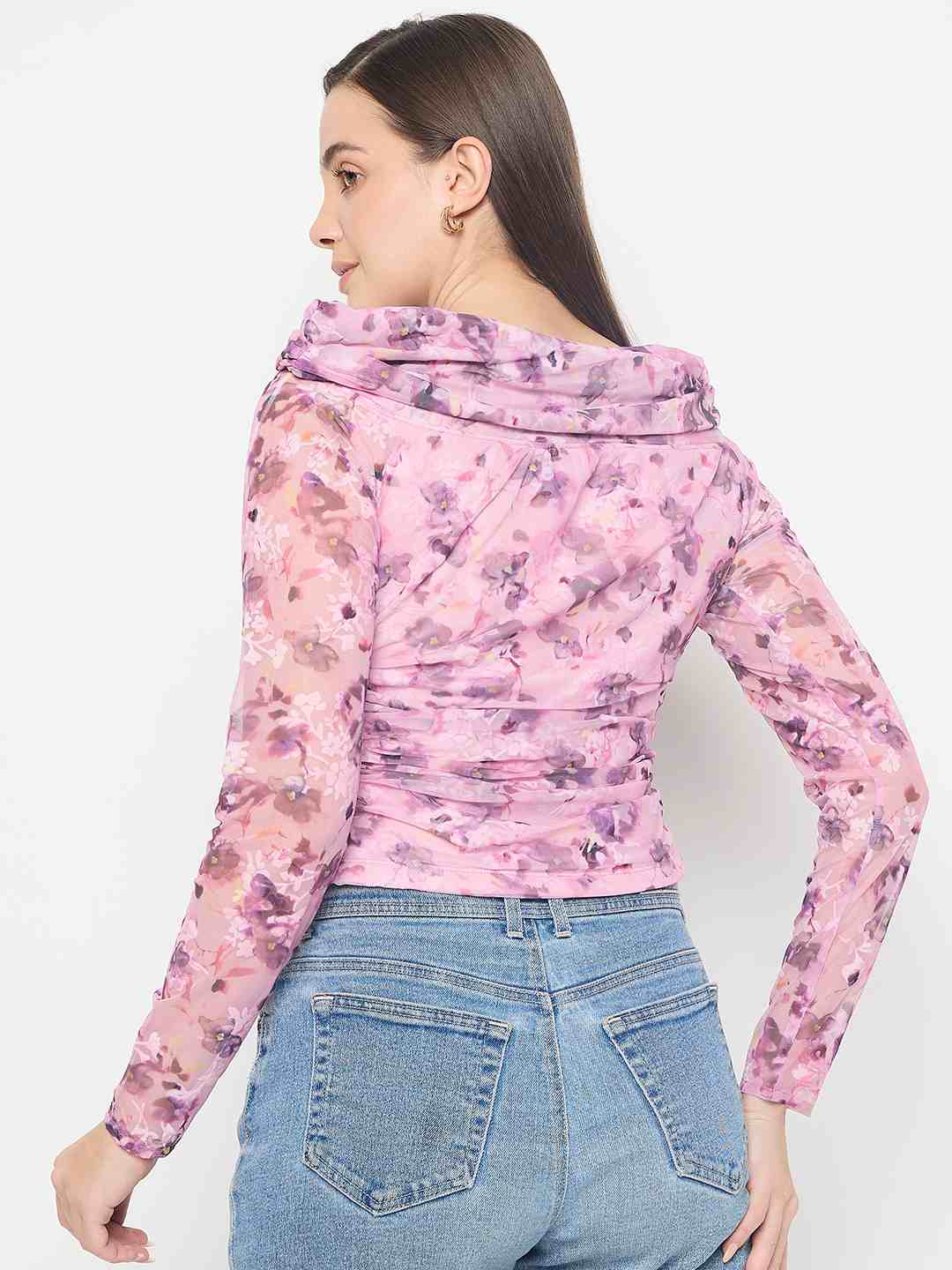 Madame Floral Print Off Shoulder Pink Mesh Top - Image 6