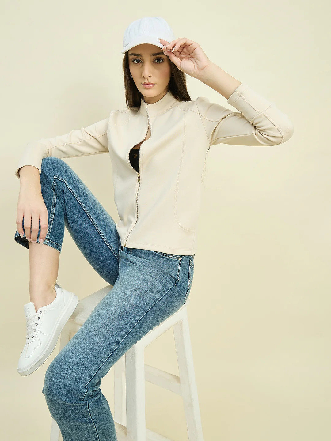 Madame Beige Cotton Blend Mock Neck Sweatshirt - Image 2