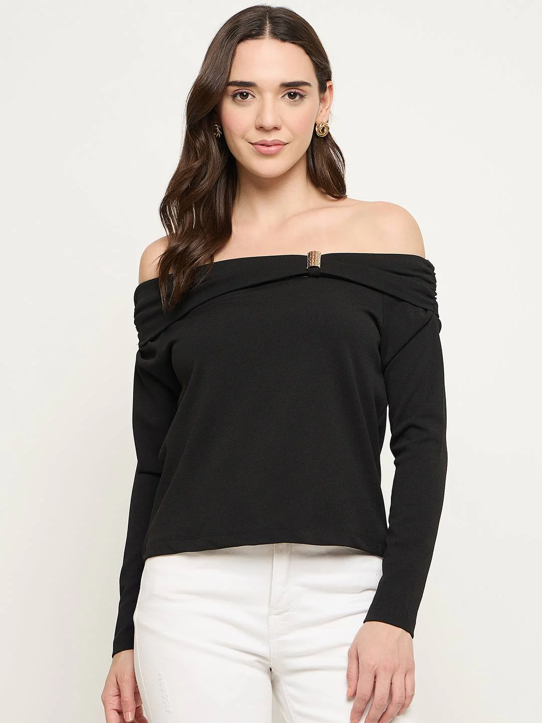Madame Black Ruched Off Shoulder Top - Image 3