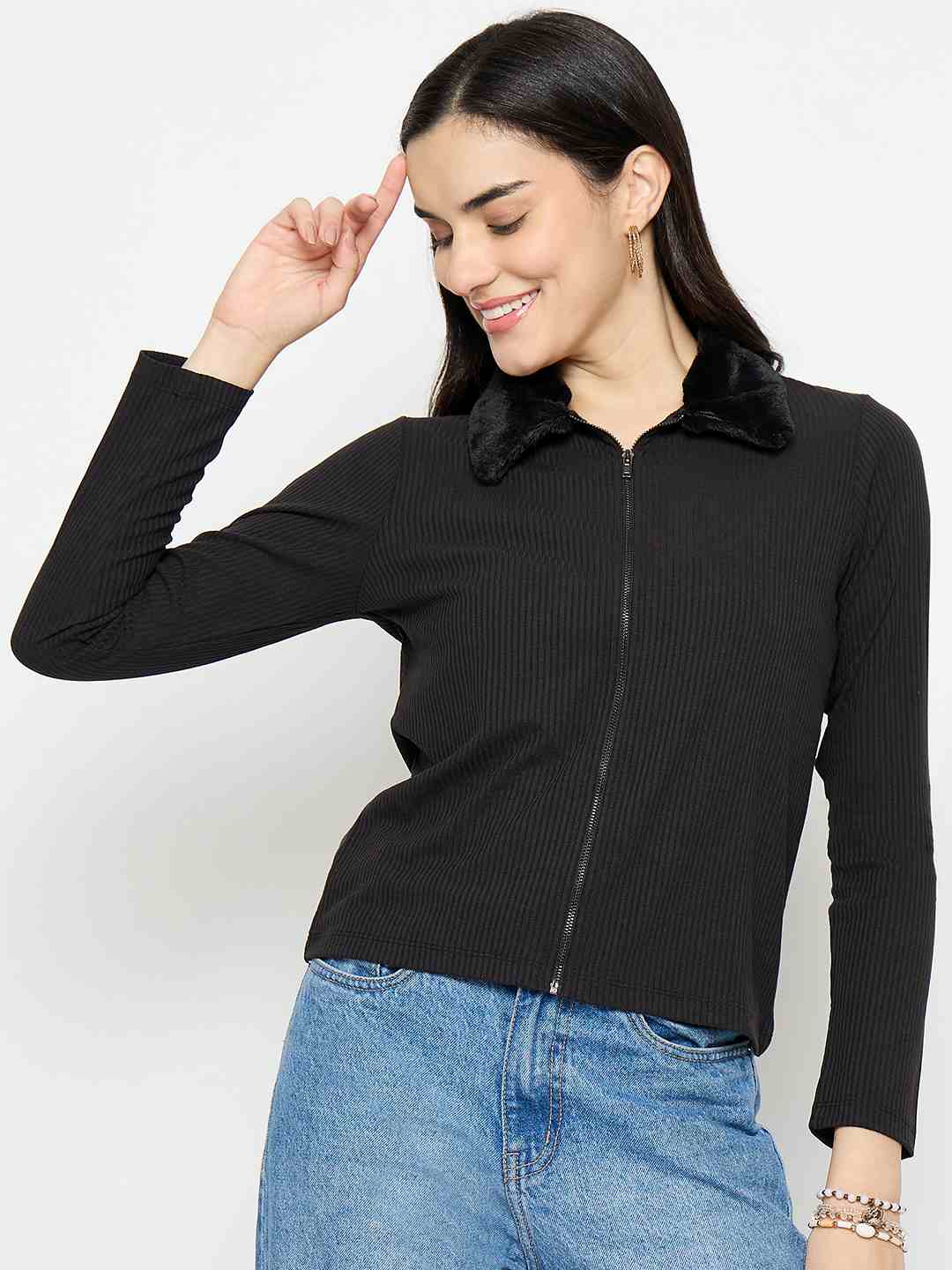 Madame Fur Trimmed Black Zipped Top