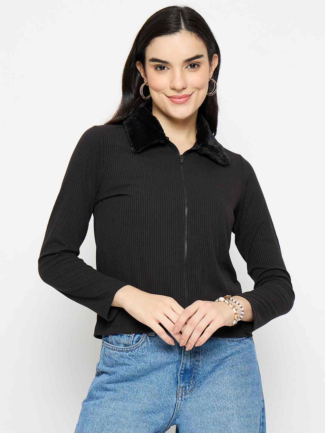 Madame Fur Trimmed Black Zipped Top - Image 3