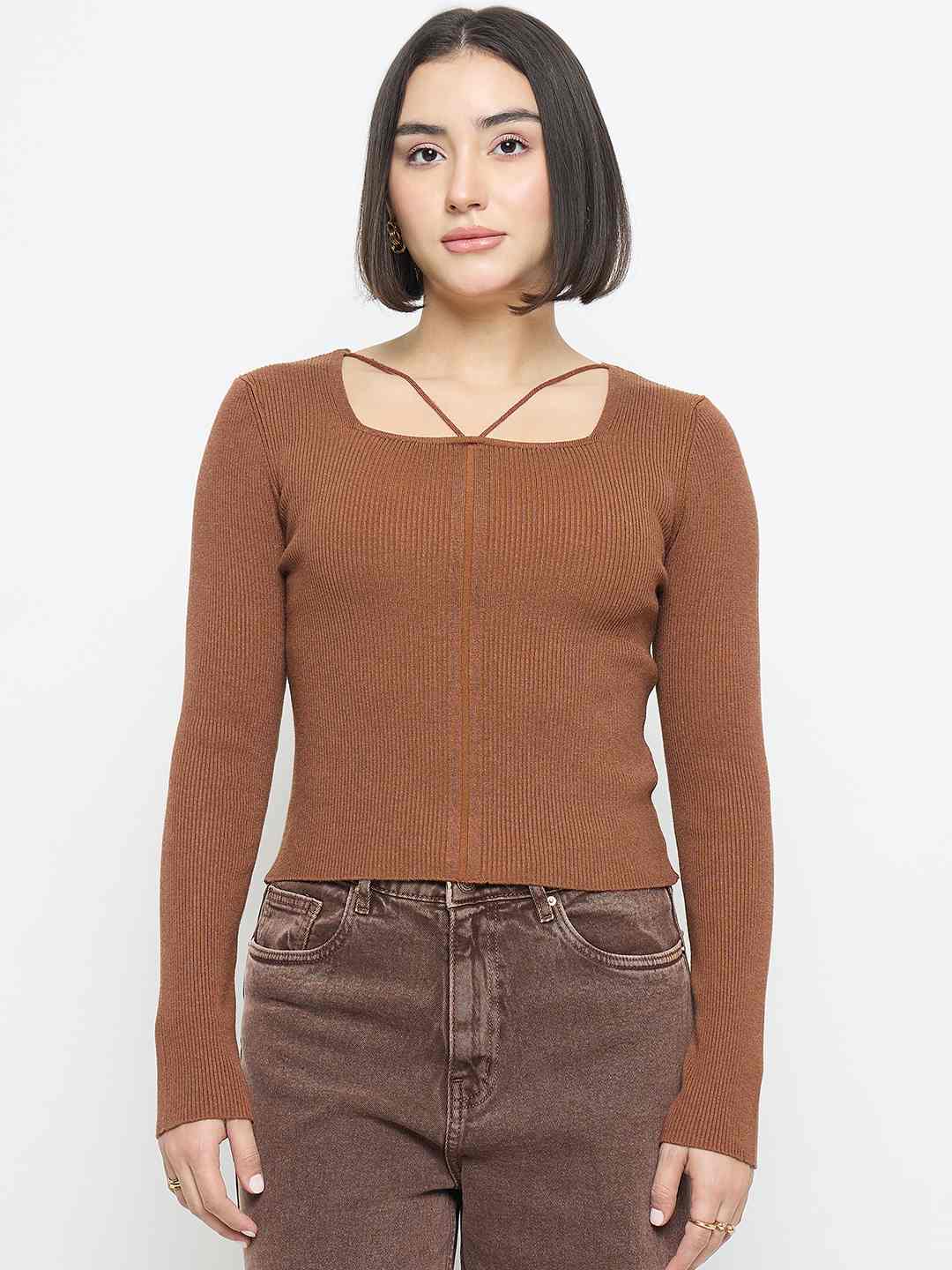 Madame Ribbed Knit Square Neck Coffee Brown Crop Top - Image 3