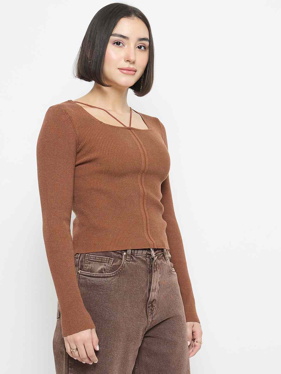 Madame Ribbed Knit Square Neck Coffee Brown Crop Top - Image 4