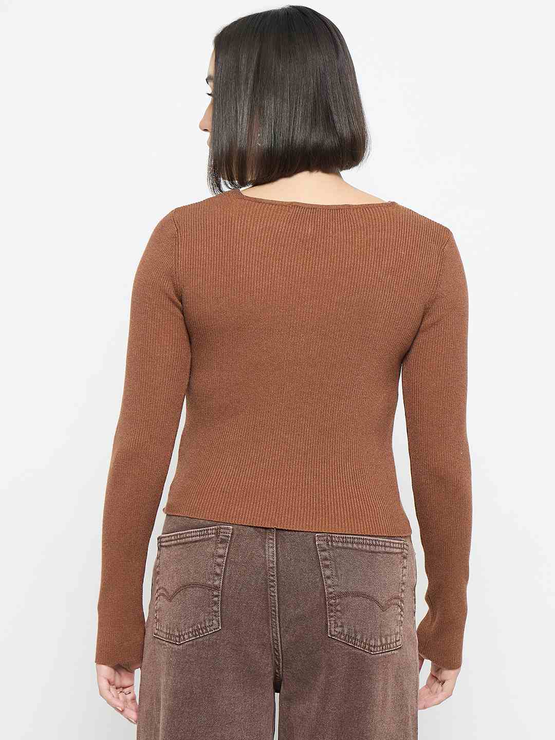 Madame Ribbed Knit Square Neck Coffee Brown Crop Top - Image 6