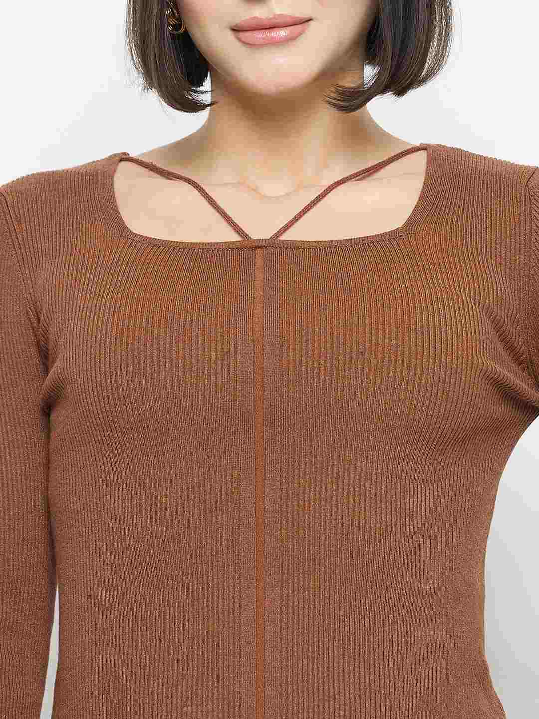 Madame Ribbed Knit Square Neck Coffee Brown Crop Top - Image 7