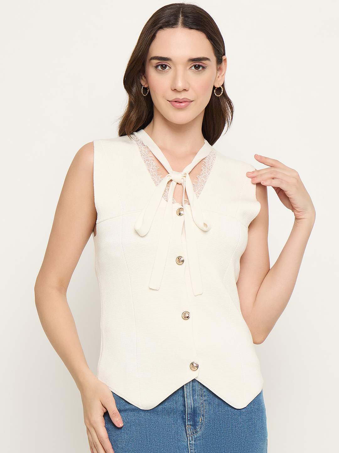 Madame Beige Button Down Knit Top - Image 3