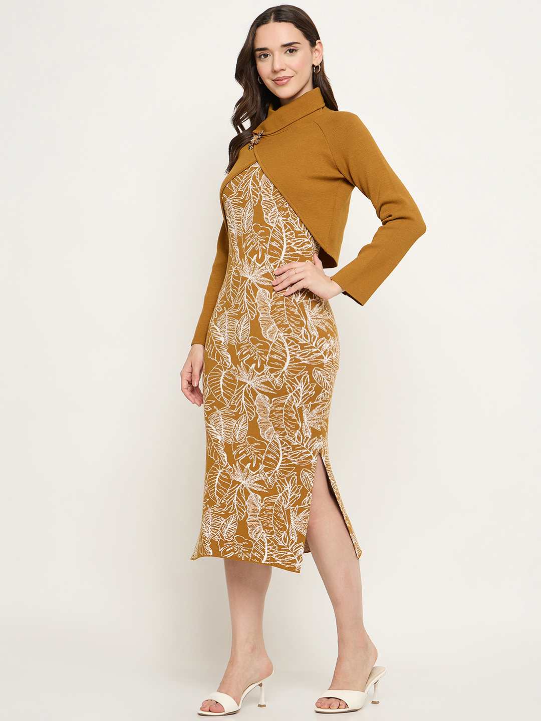 Madame Floral Print Dress and Wrap Sweater Mustard Yellow Co-ord Set - Image 5