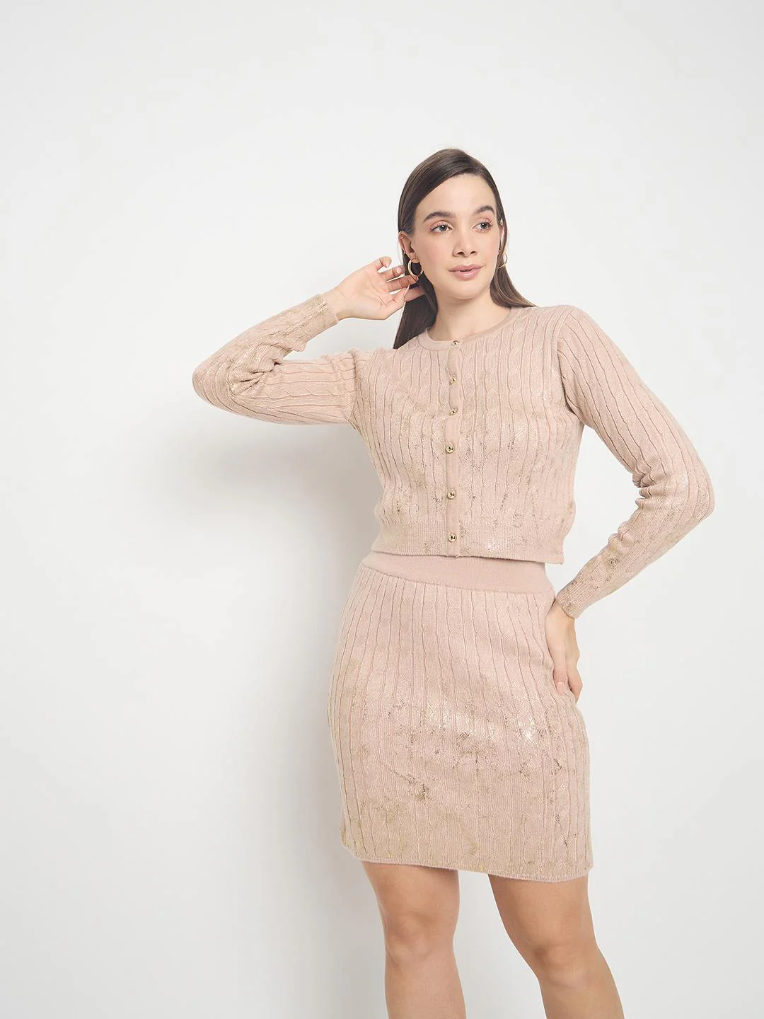 Madame Buttoned Top and Mini Skirt Peach Co-ord Set - Image 2