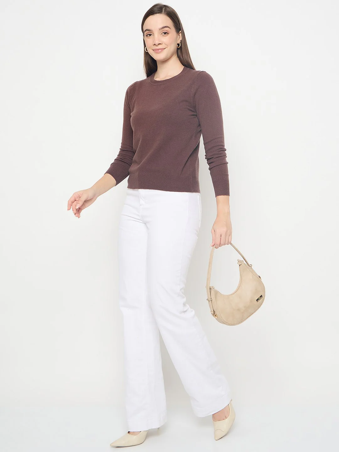 Madame Solid Coffee Brown Pullover Sweater - Image 2