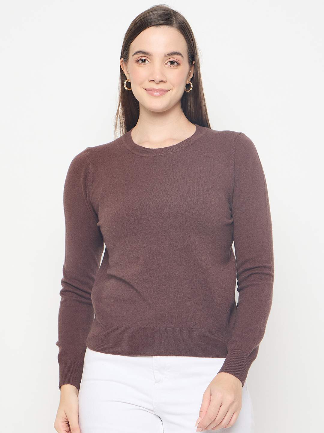 Madame Solid Coffee Brown Pullover Sweater - Image 3