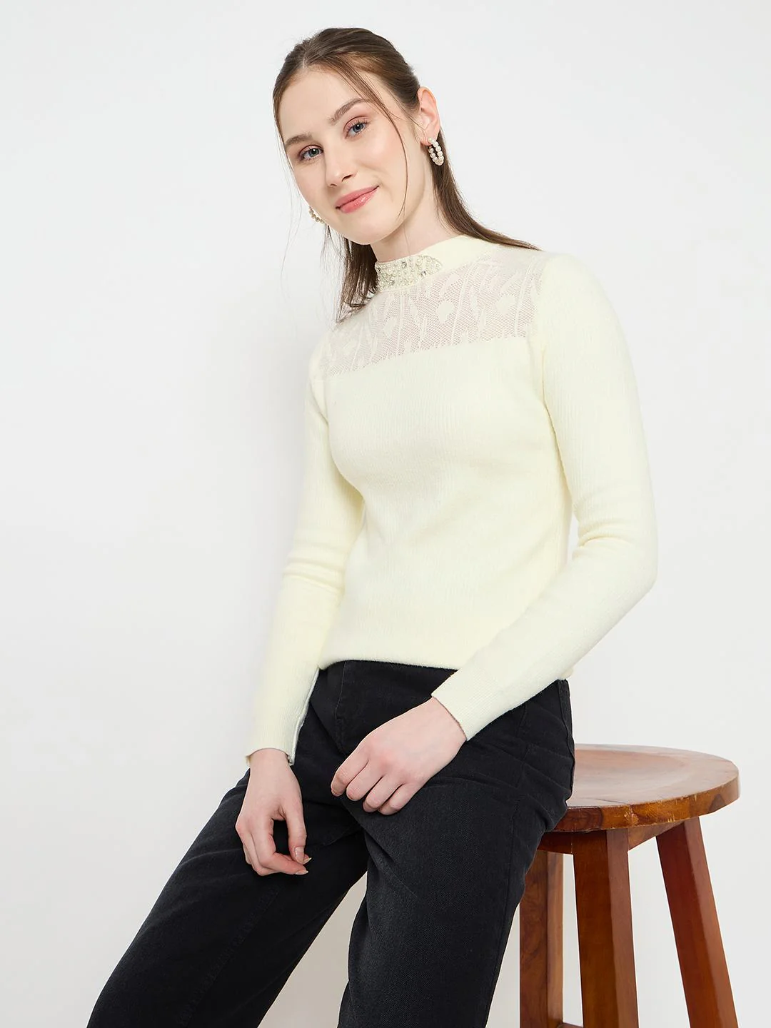 Madame Mock Neck Embellished Off White Sweater