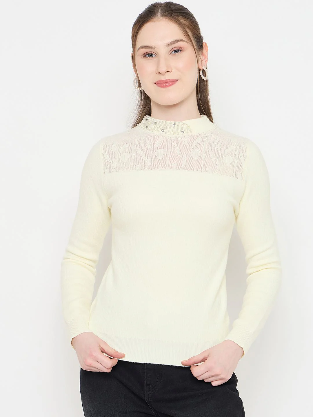 Madame Mock Neck Embellished Off White Sweater - Image 3