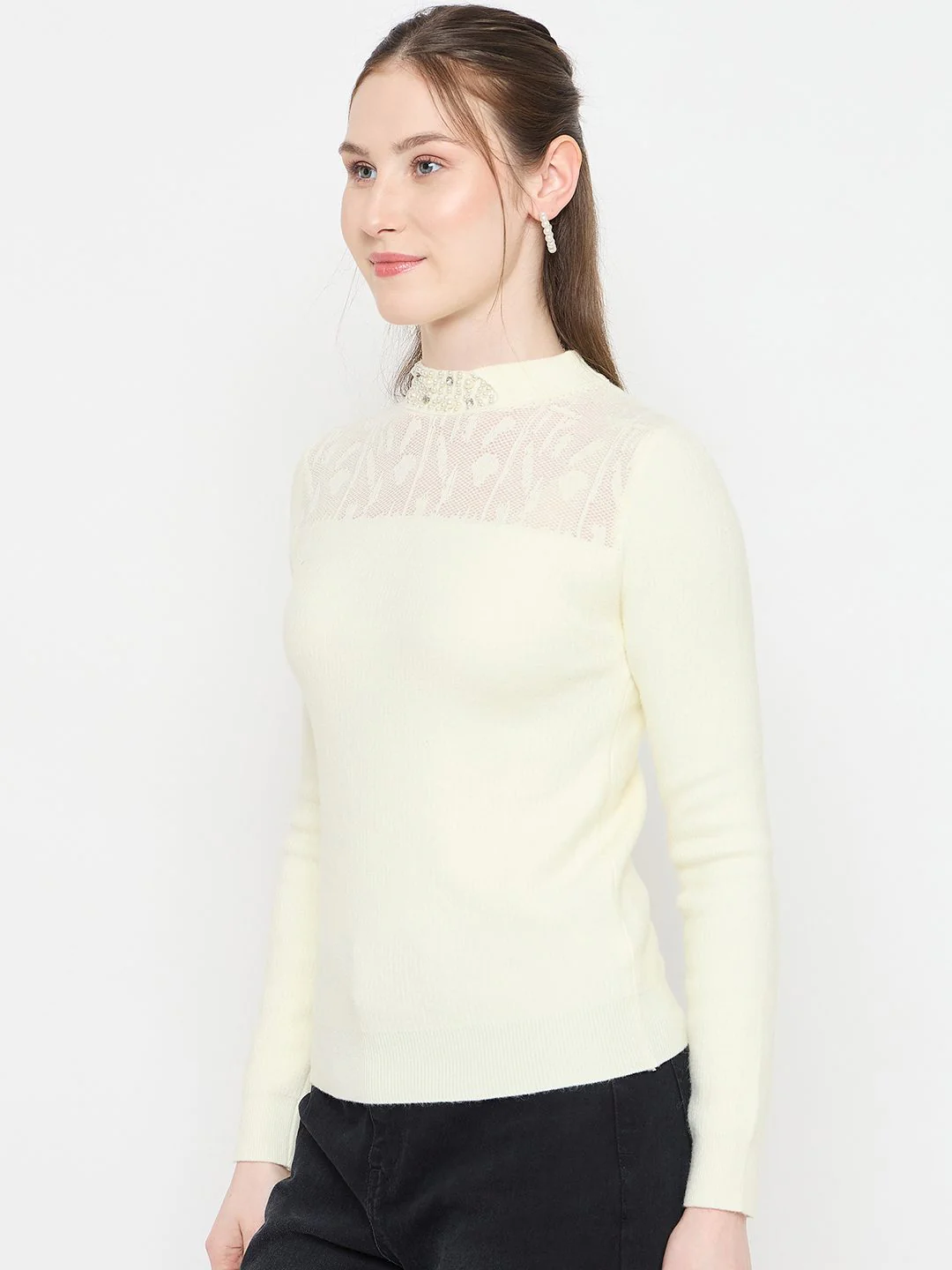 Madame Mock Neck Embellished Off White Sweater - Image 5